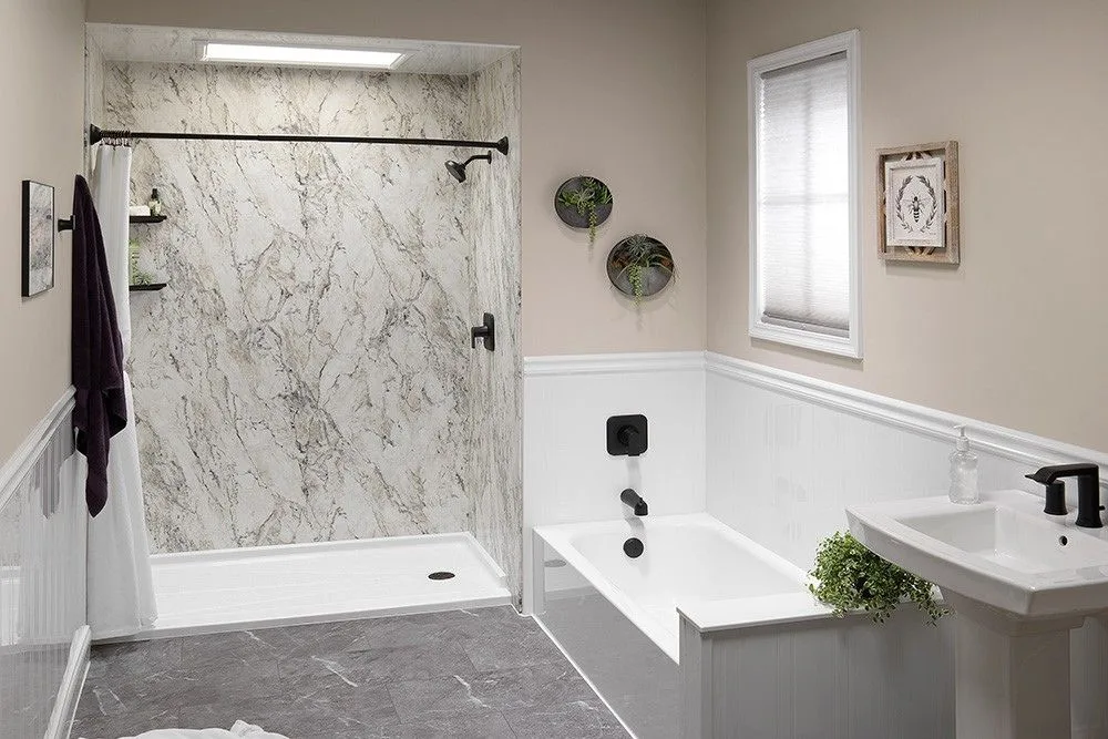 All County One Day Bath marble-look shower and tub remodel